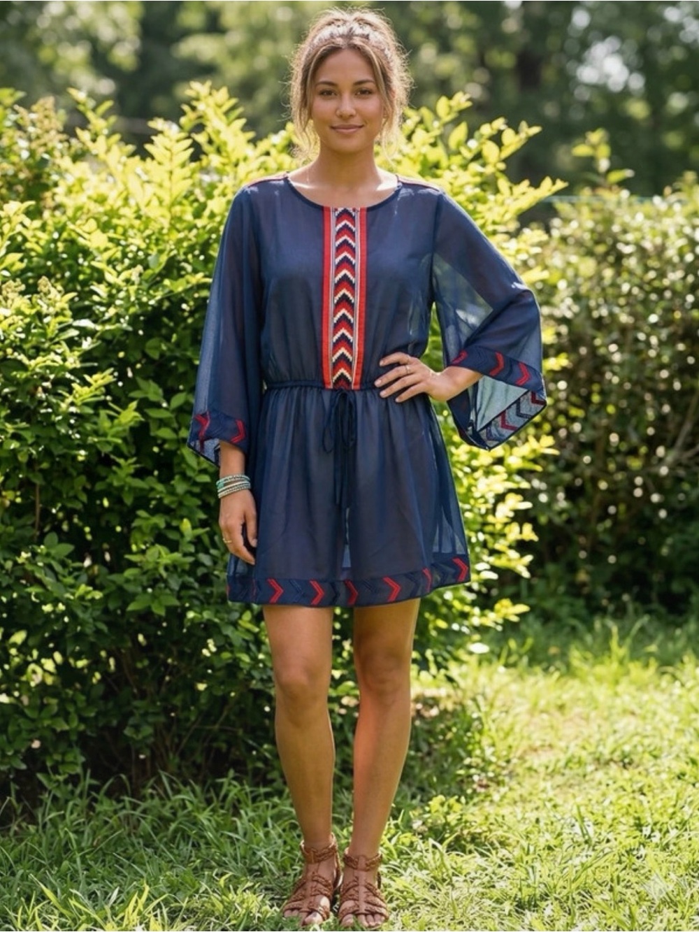 Young Threads Navy Sheer Embroidered Tunic Dress with Red Accent size M